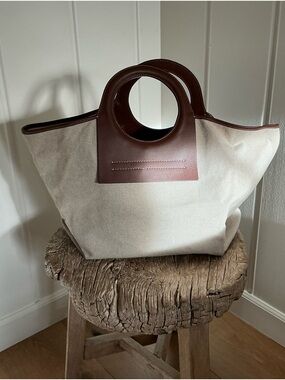 Hereu Cala Large Canvas Tote with Circular Brown Leather Handles